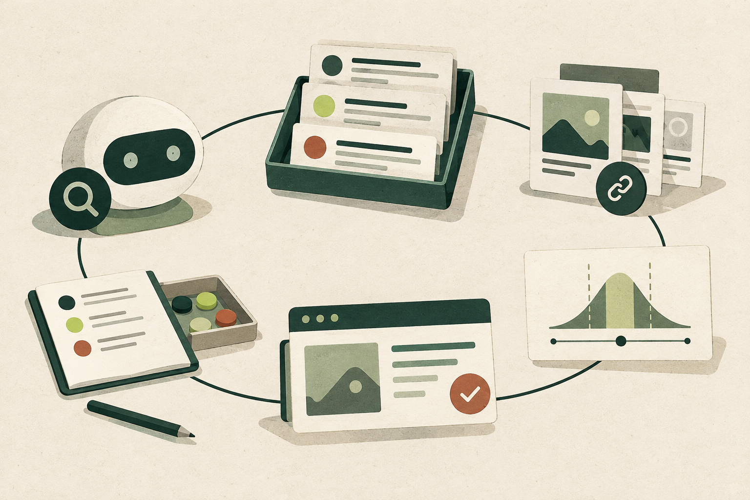 Editorial illustration of sampled AI-search observations, citation notes, confidence limits and a released website change