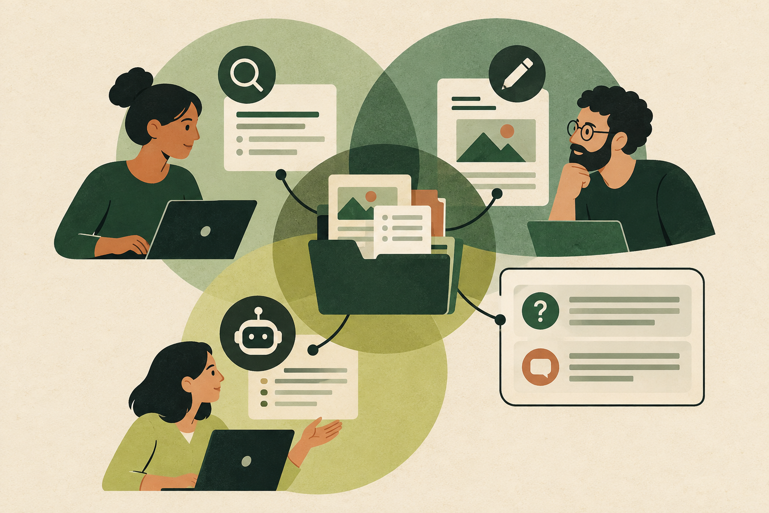 Editorial illustration of SEO, website content and AI-search evidence converging on one shared workboard