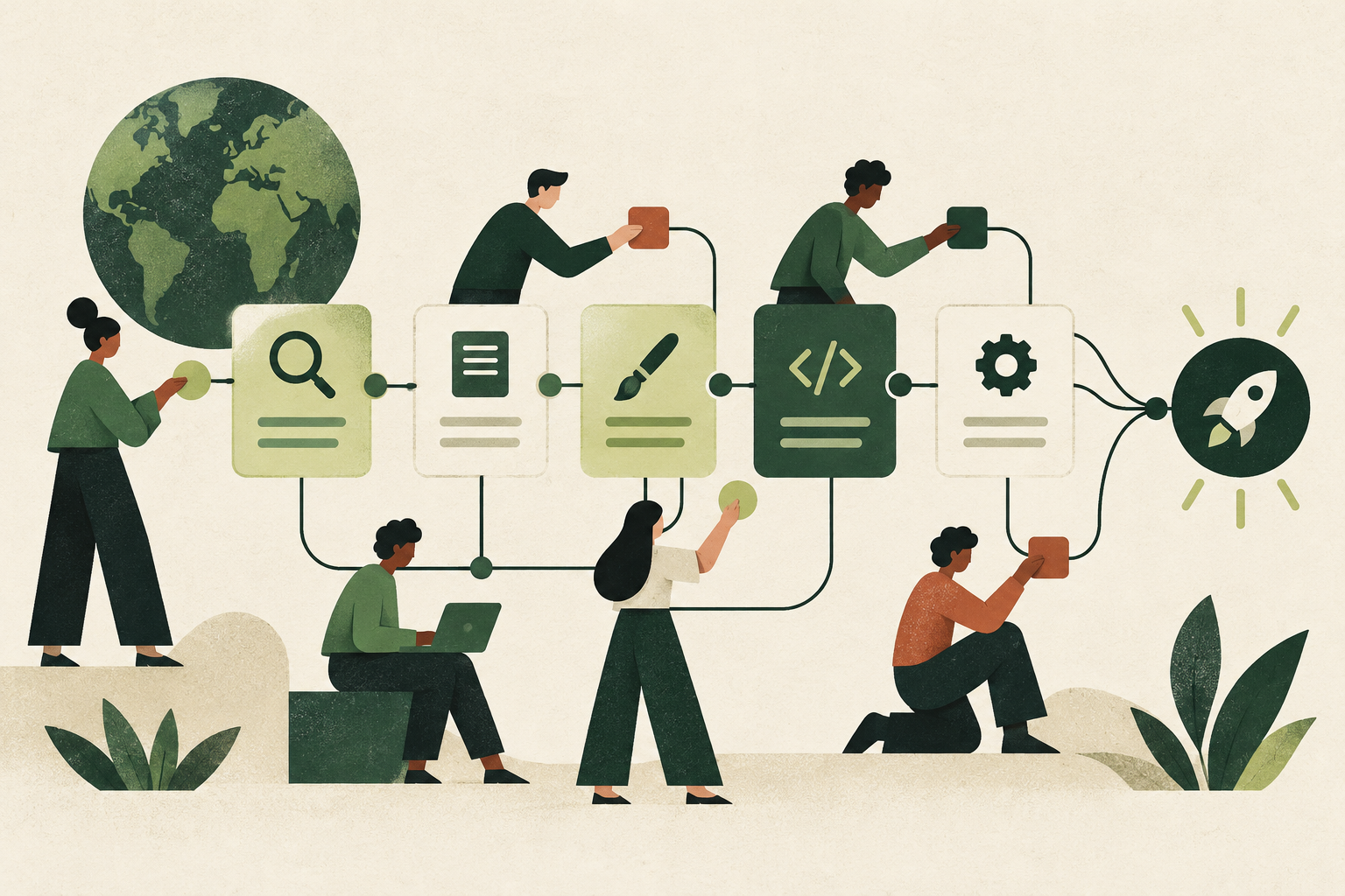 Editorial illustration of a growth team assigning research, writing, design, implementation and quality assurance before a release