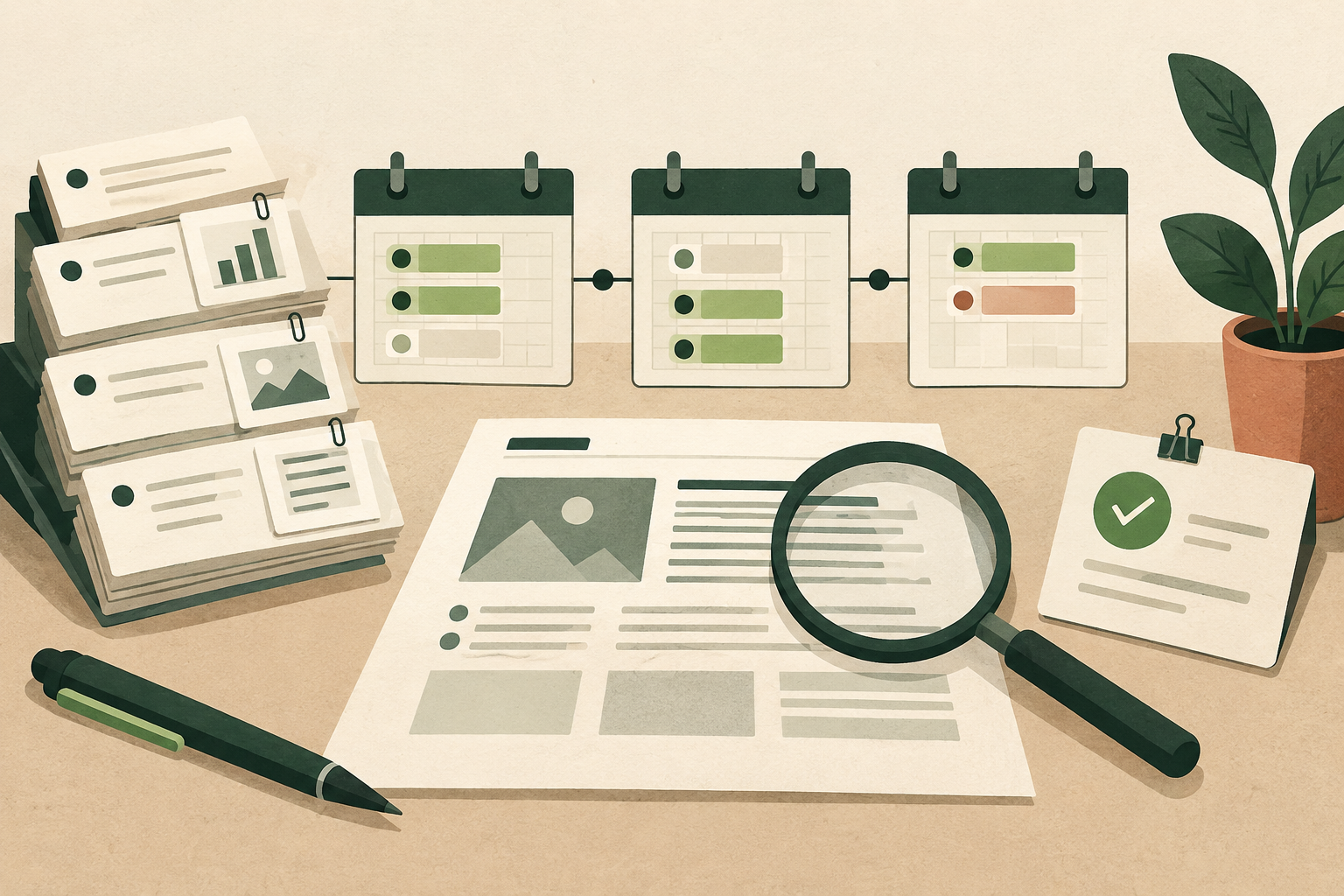 Editorial illustration of three SEO release windows with evidence attached to implementation tickets